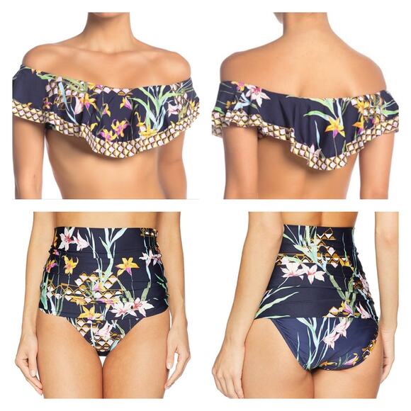 Trina Turk Blue Tropical Fiji Floral Ruffle Top Sz.12 Bottoms Sz.14 NWT - Picture 3 of 16